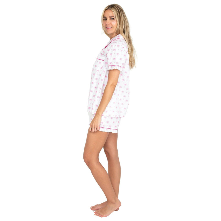 Women's Pink Palm Tree Short PJ Set - Organic Cotton Poplin