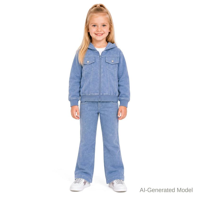 Girls (4-6X) Knit Denim Hoodie Set | Light Wash Blue