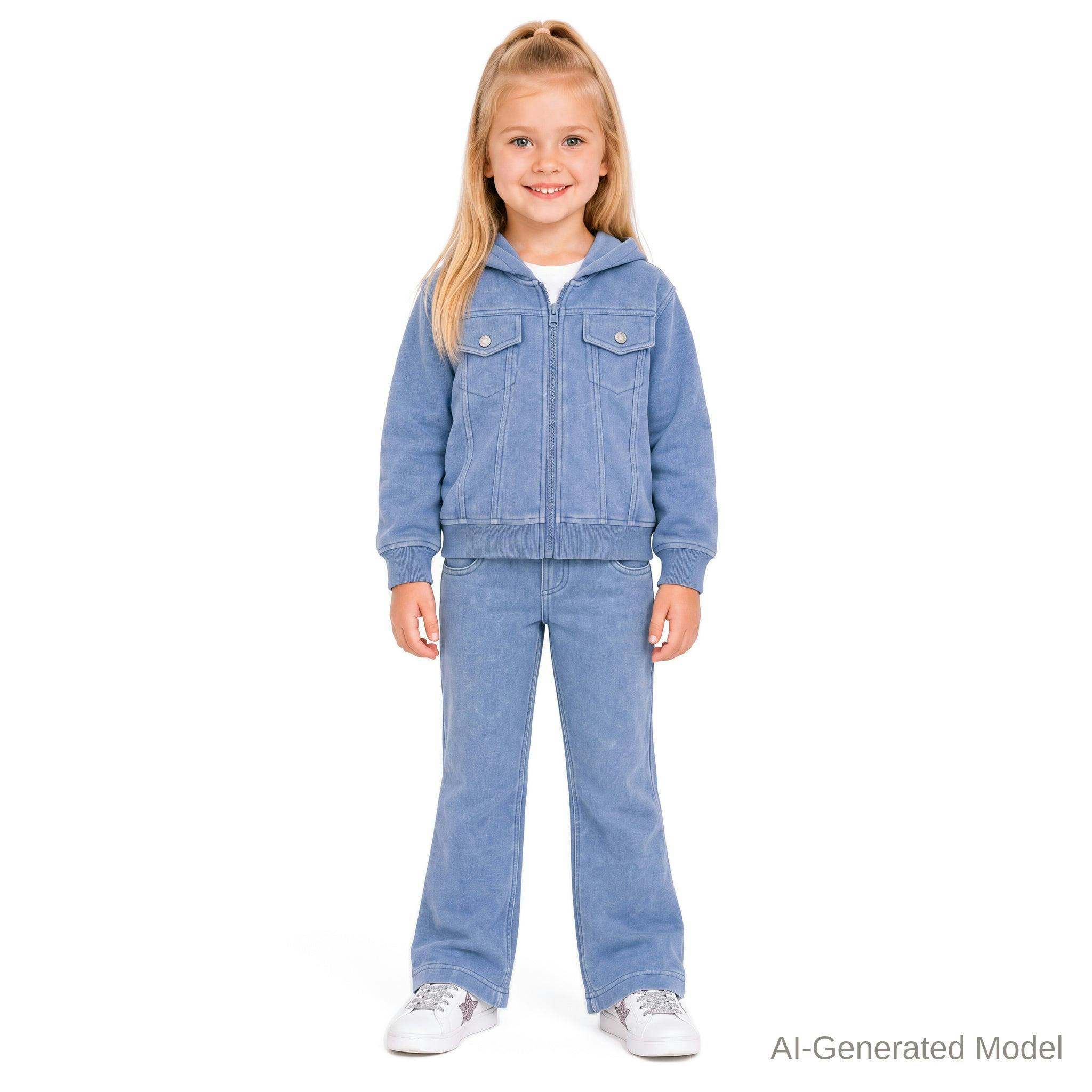 Girls (4-6X) Knit Denim Hoodie Set | Light Wash Blue