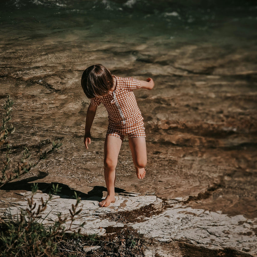 Short Sleeve Rashguard Swimsuit | UPF + Recycled - Sienna Gingham