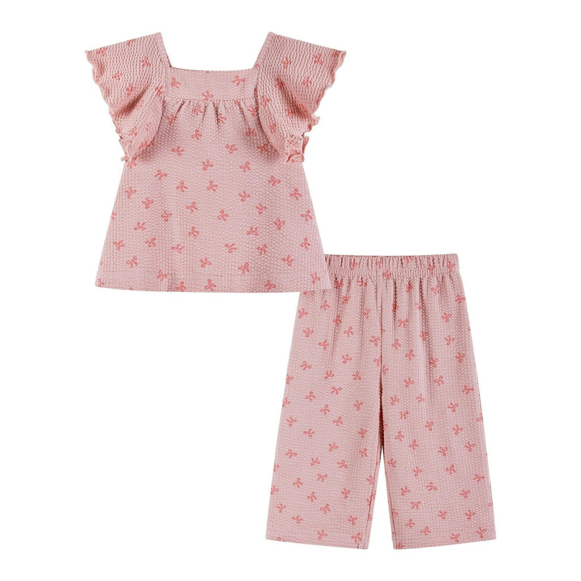 Infant Girls Knit Seersucker Top & Pant Set | Pink Bow Print