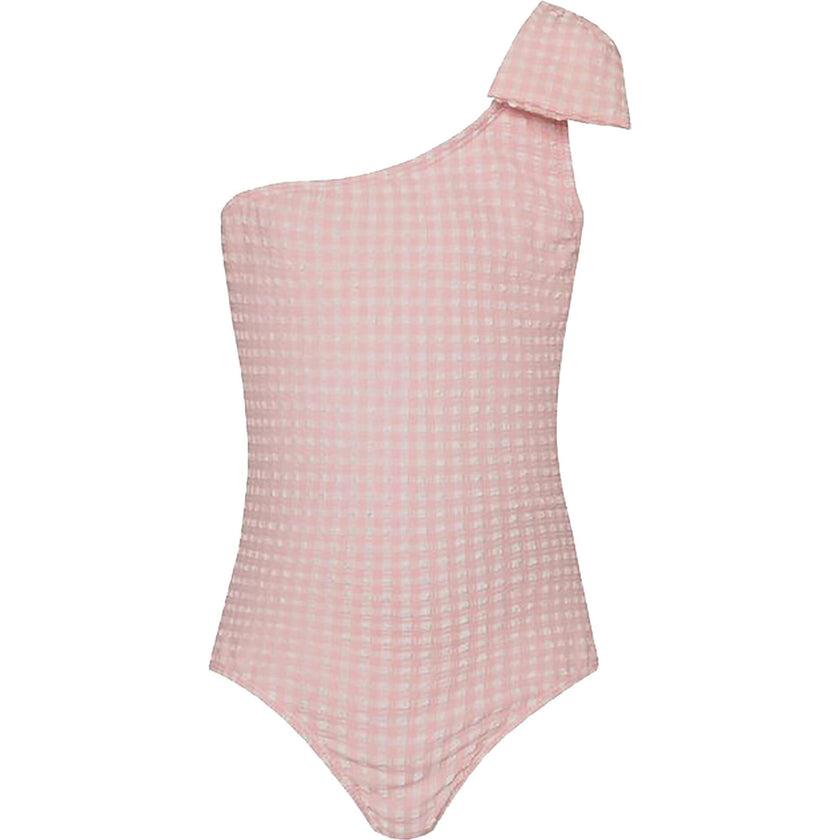 Gingham Pattern One Shoulder Bow One-Piece, Pink
