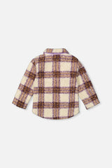 Zipped Sherpa Overshirt With Chest Pockets Beige And Mauve Plaid