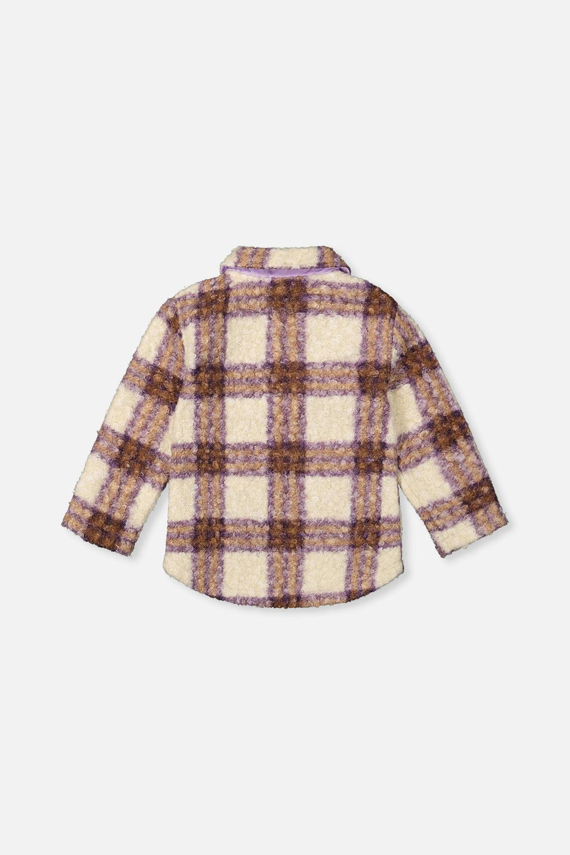 Zipped Sherpa Overshirt With Chest Pockets Beige And Mauve Plaid