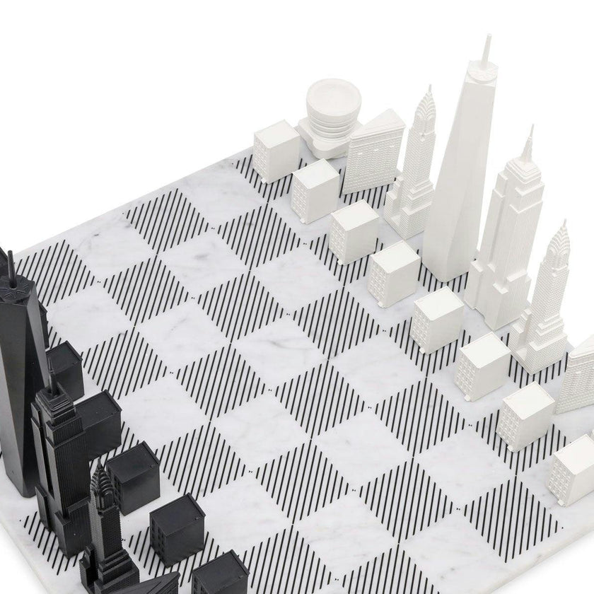 Chess Set Acrylic NEW YORK with Marble Hatch Board
