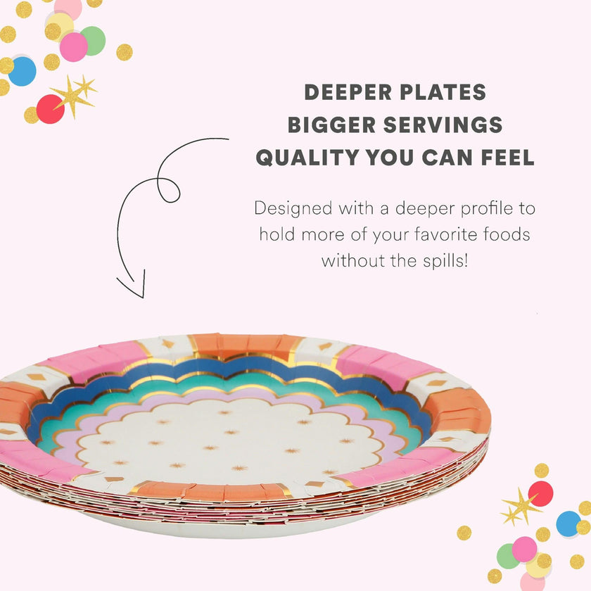 Packed Party Circus Soiree Dessert Plates 10ct - Gold Foil Colorful 3-Ply Party Plates, 8 Inch, 350 GSM for Circus and Carnival Birthdays