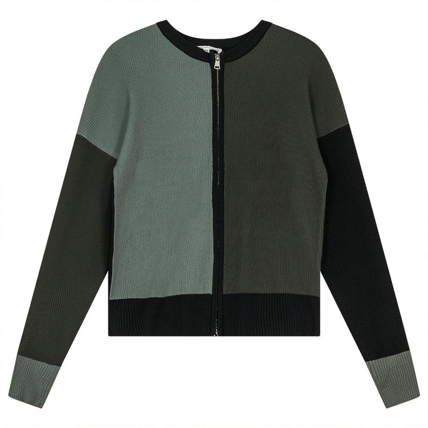 Color Block Double Zip Knit Cardigan