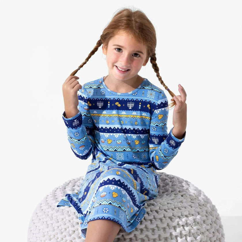 Hanukkah Fair Isle Bamboo Girls' Long Sleeve Dress