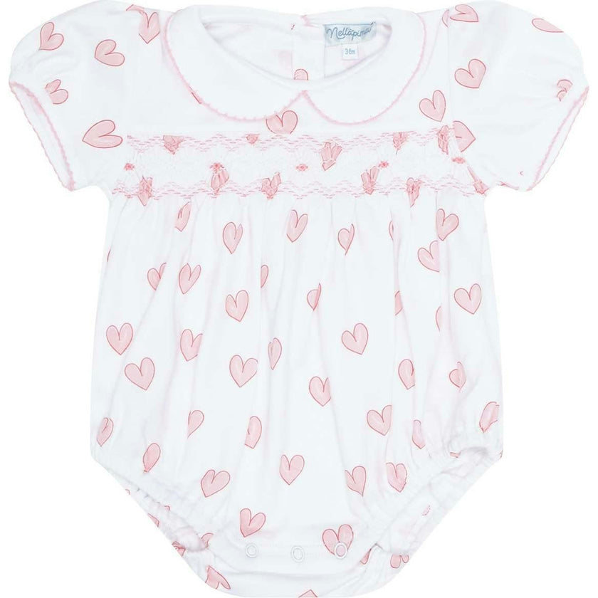 Pink Heart Print Smocked Bubble