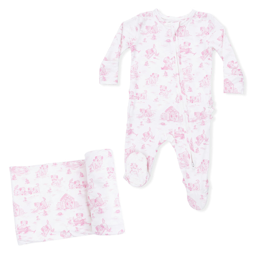 Puppy Toile Pink - 2 Way Ruffle Back Zipper Footie & Swaddle Blanket Set
