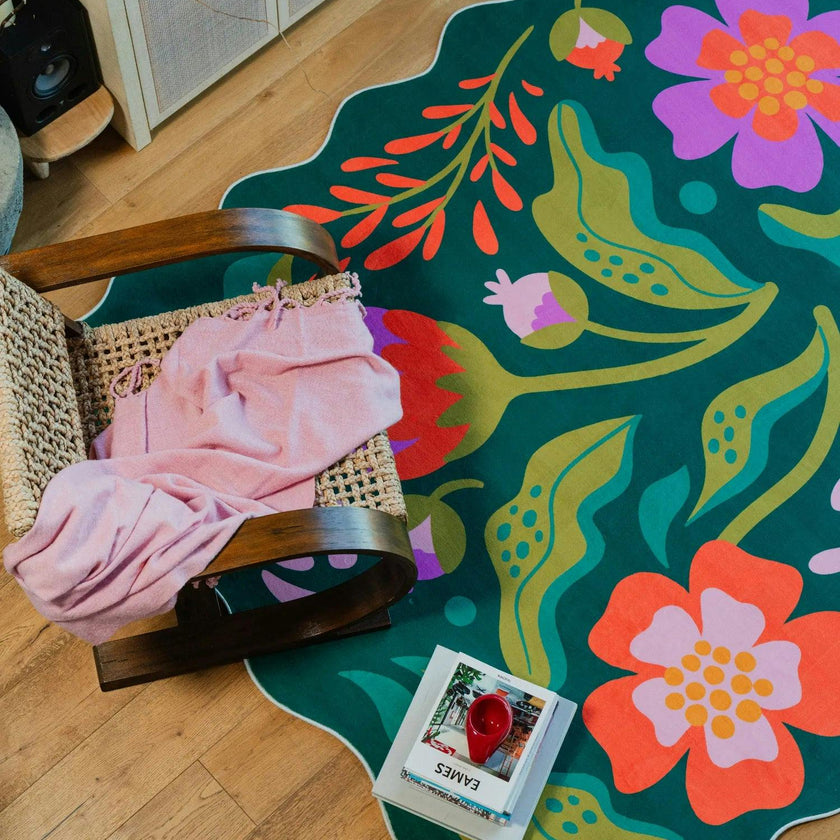 Green Base Pink Floral Wavy Rug by Jessica Miller