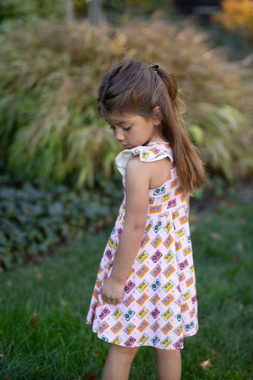 Racer Back Twirly Dress in Cassettes/Stars