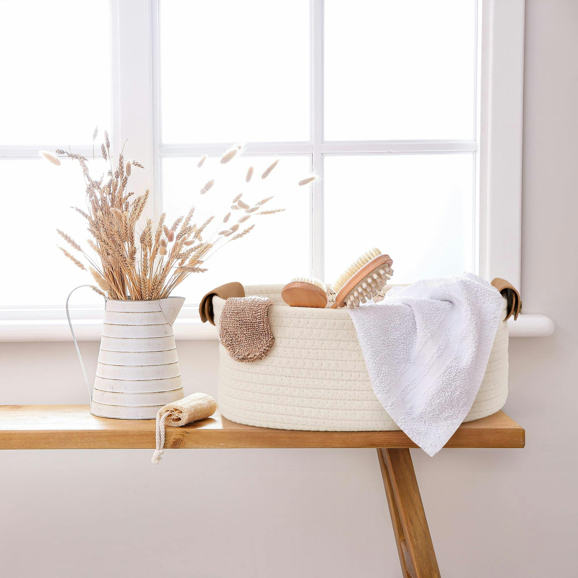 Beautiful Storage Basket Set of 5 - Modern Cotton Rope Baskets for Organizing Shelves - Perfect Bins for Nursery, Changing Table, Office and Living Room