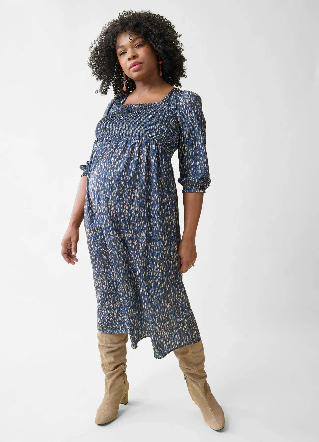 Smocked Sateen Maternity and Nursing Midi Dress