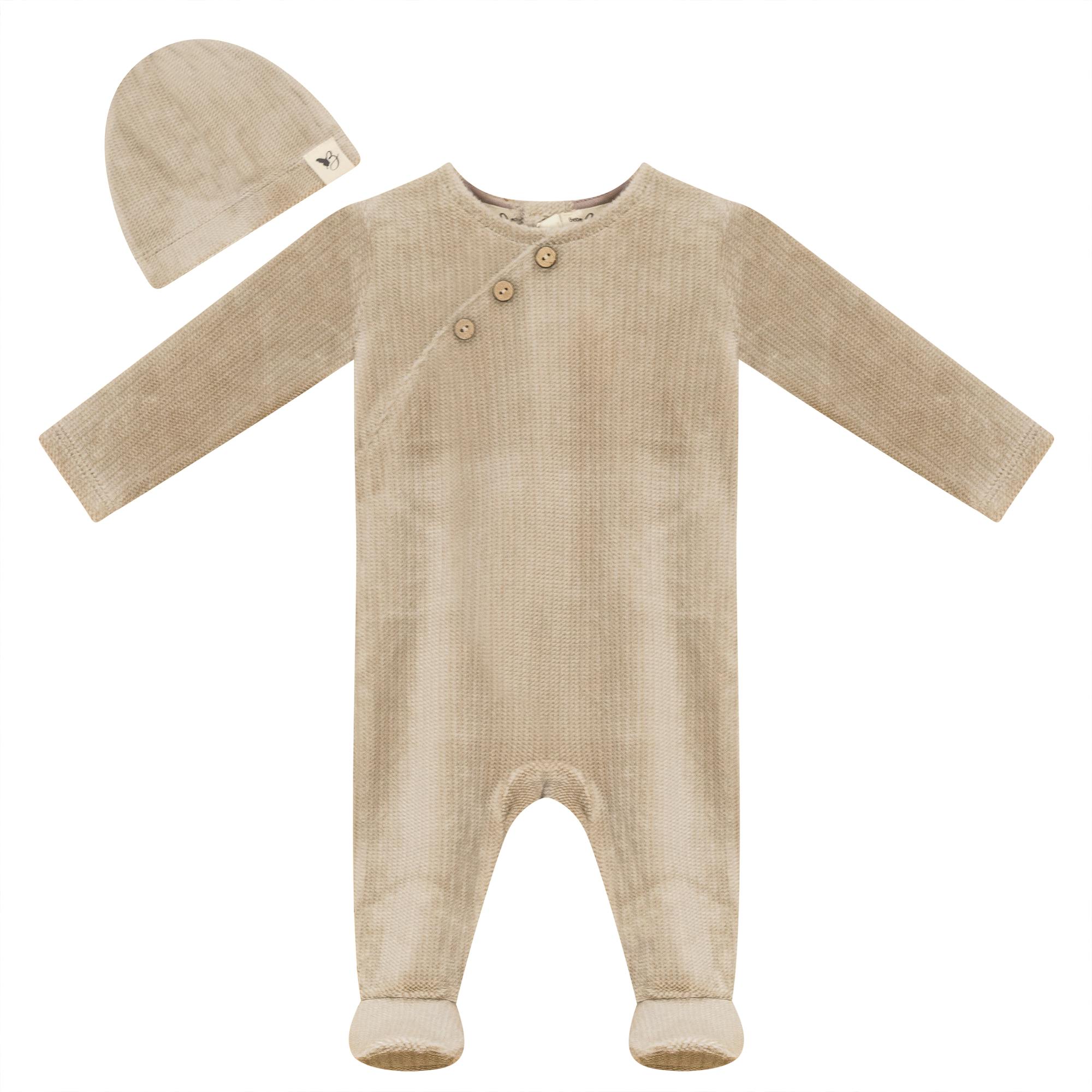 Fake Wrap Snap Front Velour Romper and Hat Two Piece Set