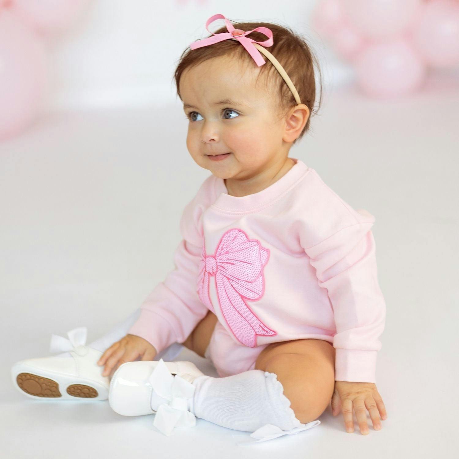 Pink Bow Sequin Patch Long Sleeve Romper