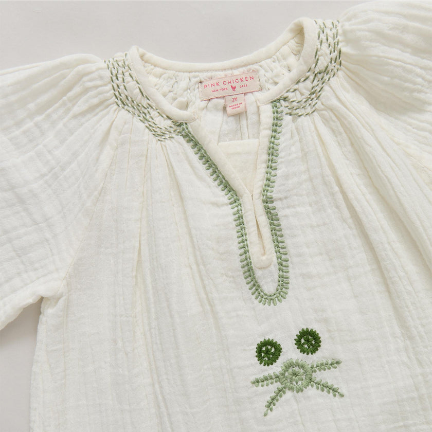 Girls Ava Dress - Green Embroidery