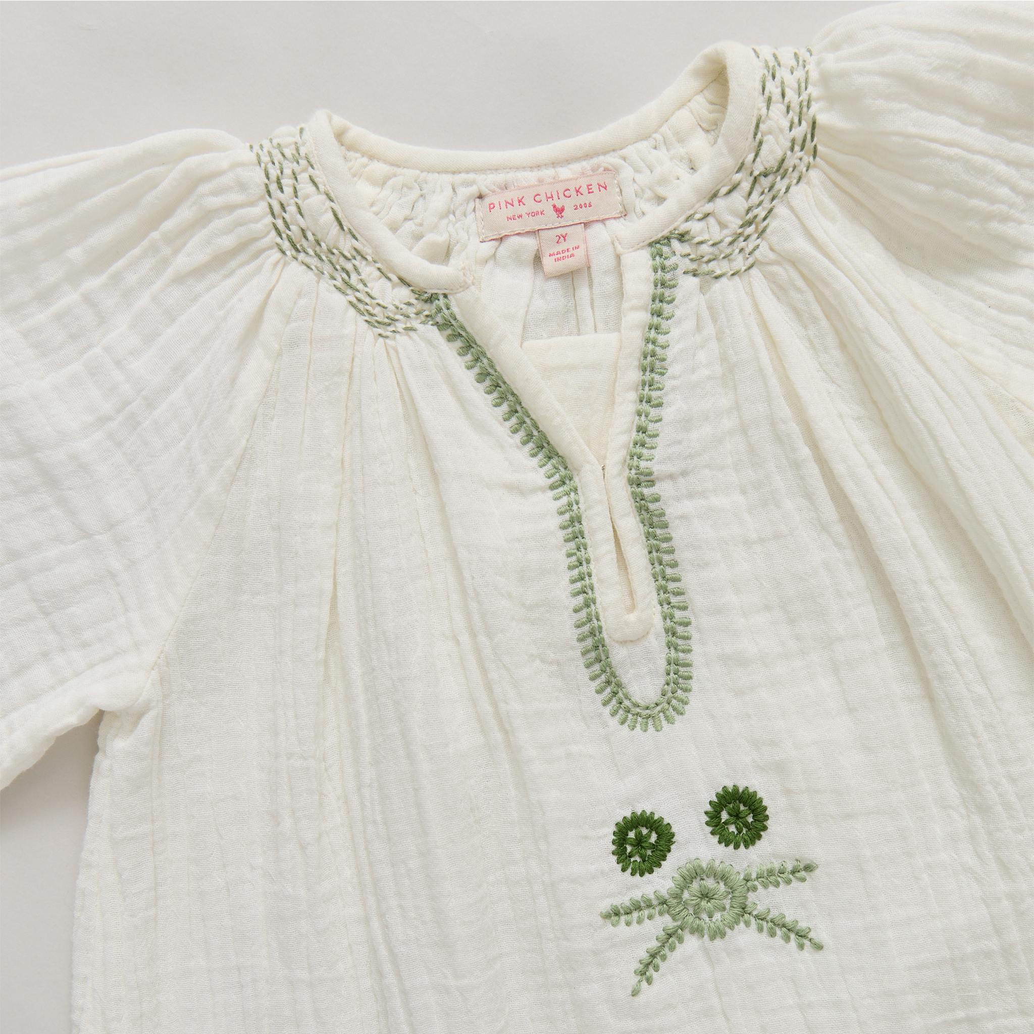 Girls Ava Dress - Green Embroidery