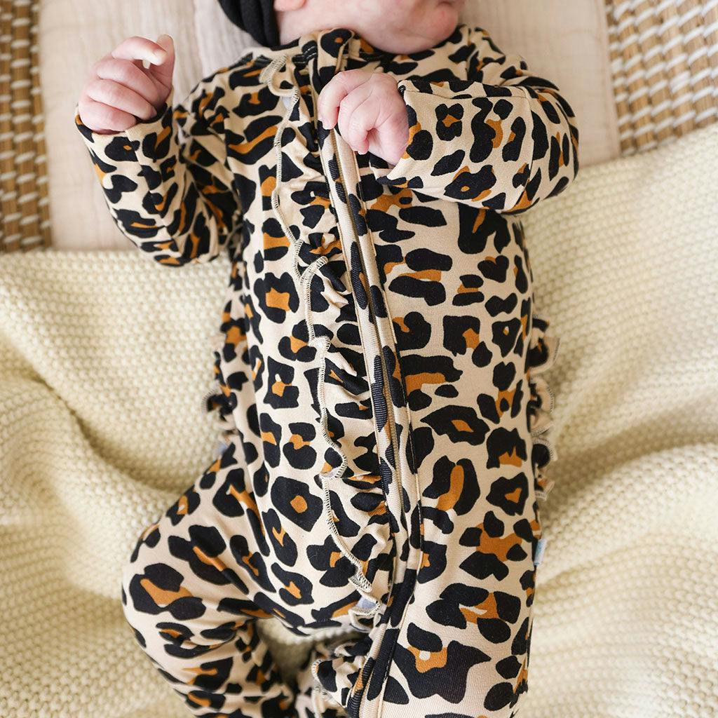 Lana Leopard Tan Footie Ruffled Zippered One Piece