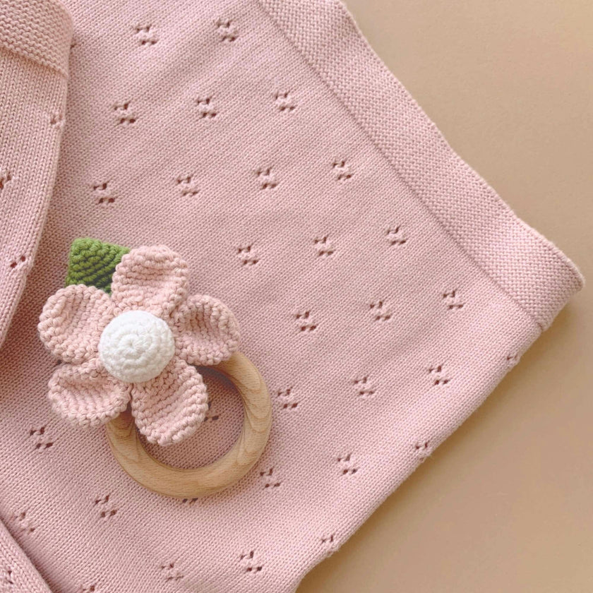 Blush Pique Blanket Pink Flower Rattle Gift Set