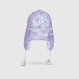 The Cozy Trapper Hat – Bows Print with Pale Aqua Sherpa Liner & Pompoms