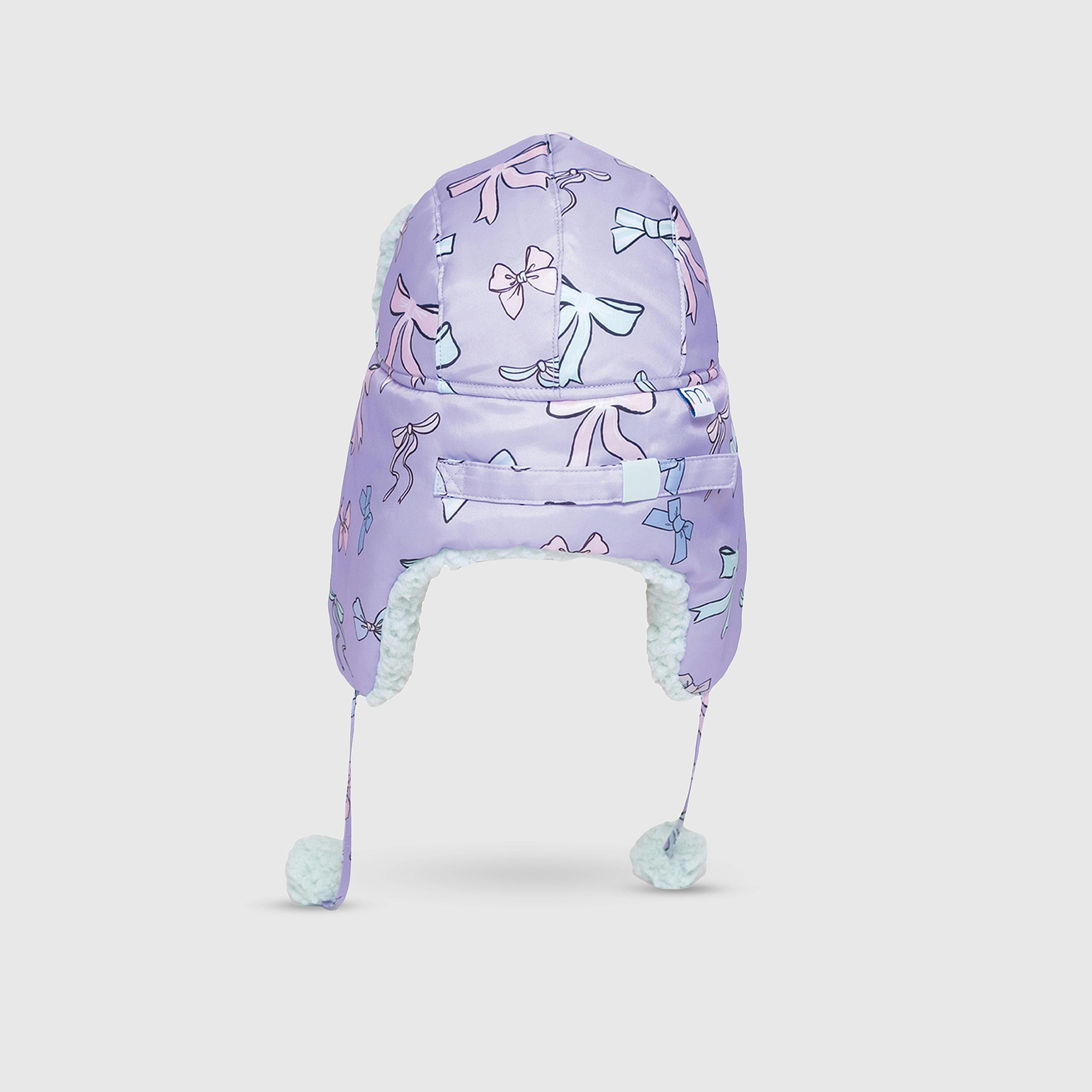 The Cozy Trapper Hat – Bows Print with Pale Aqua Sherpa Liner & Pompoms