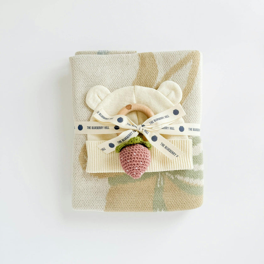 Pastel Floral Blanket Hat and Strawberry Teether Gift Set