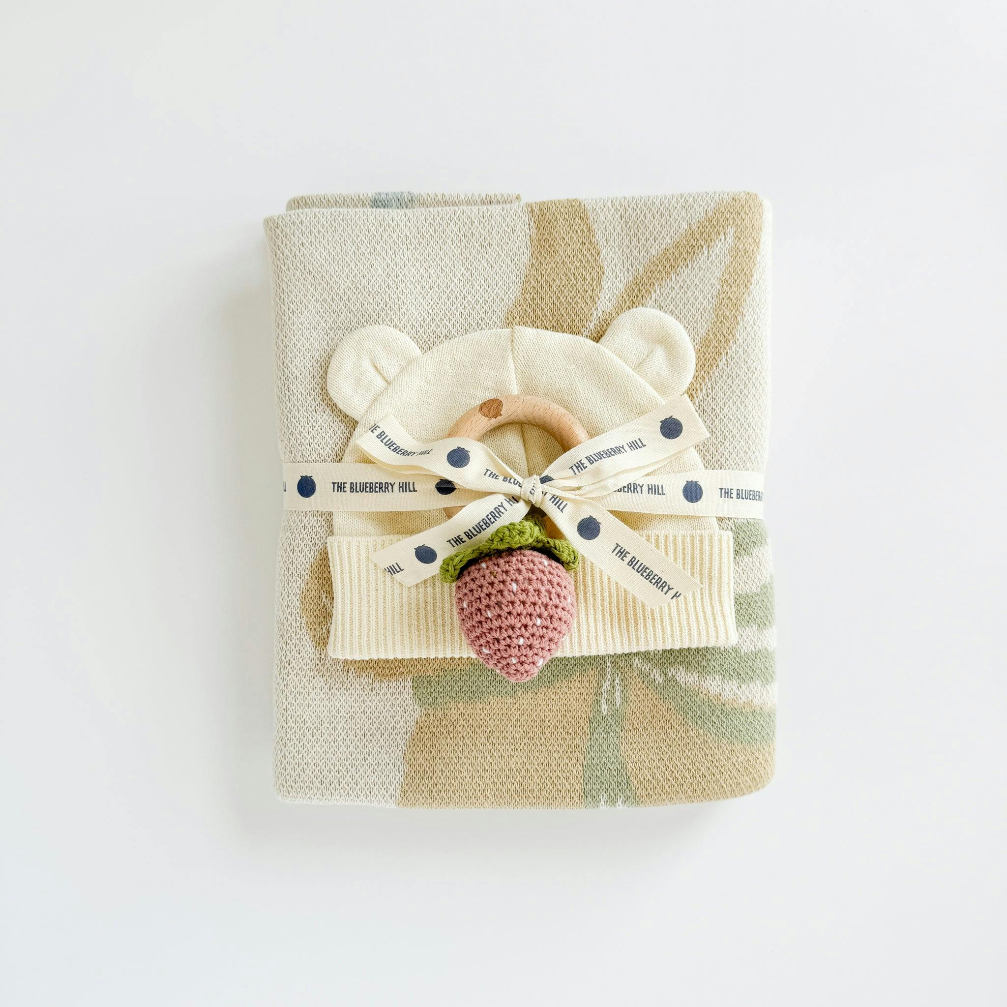 Pastel Floral Blanket Hat and Strawberry Teether Gift Set