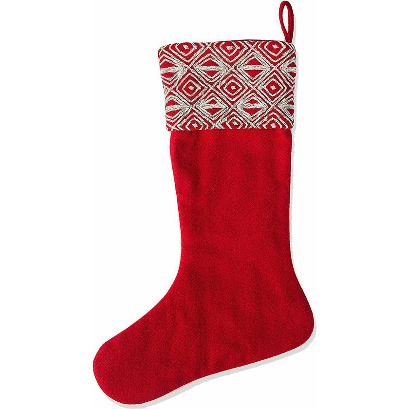 Red Christmas Stocking Geo Embroidered Cuff Wool