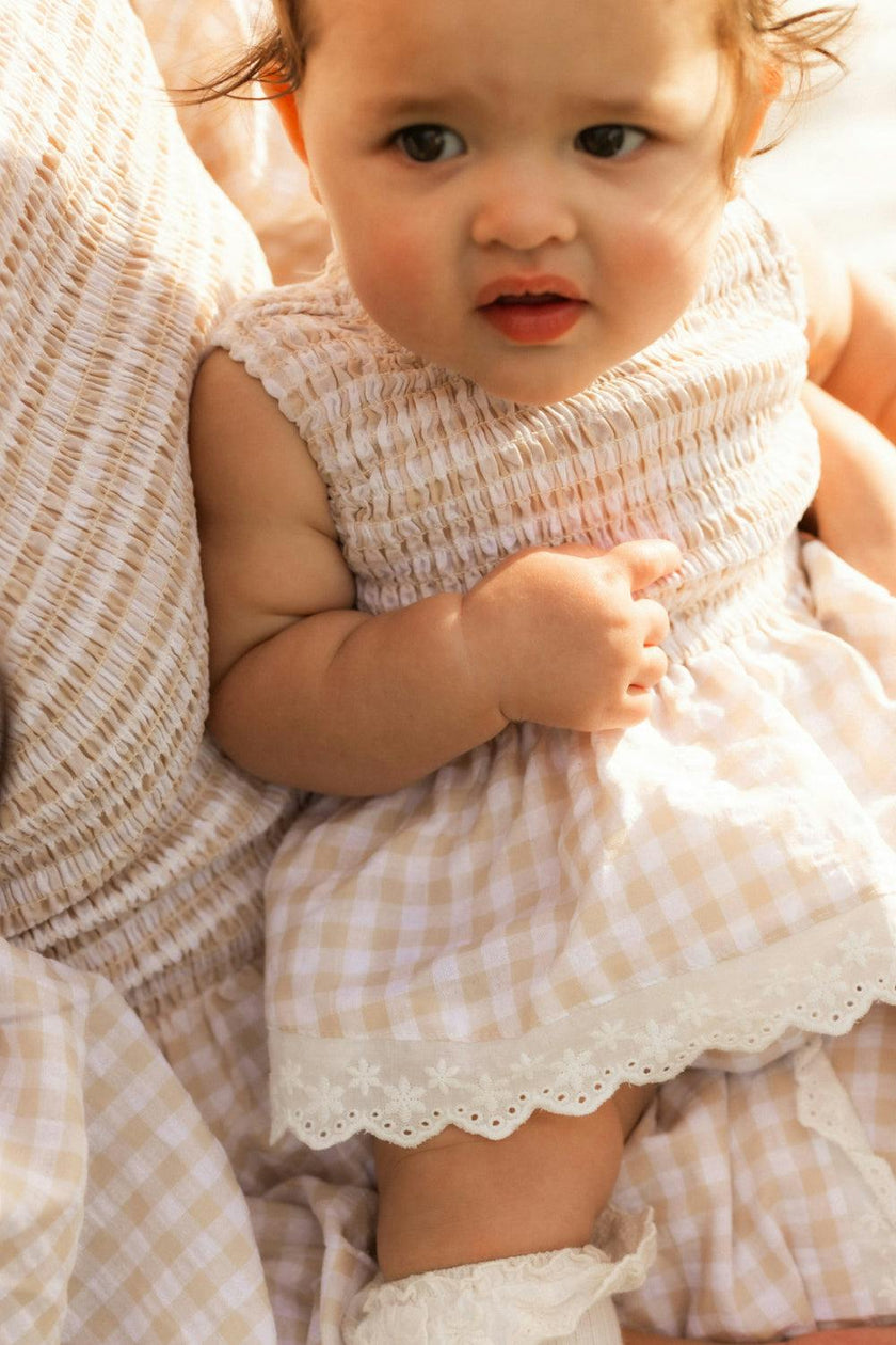Baby Presley Sleeveless Romper in Cream Gingham