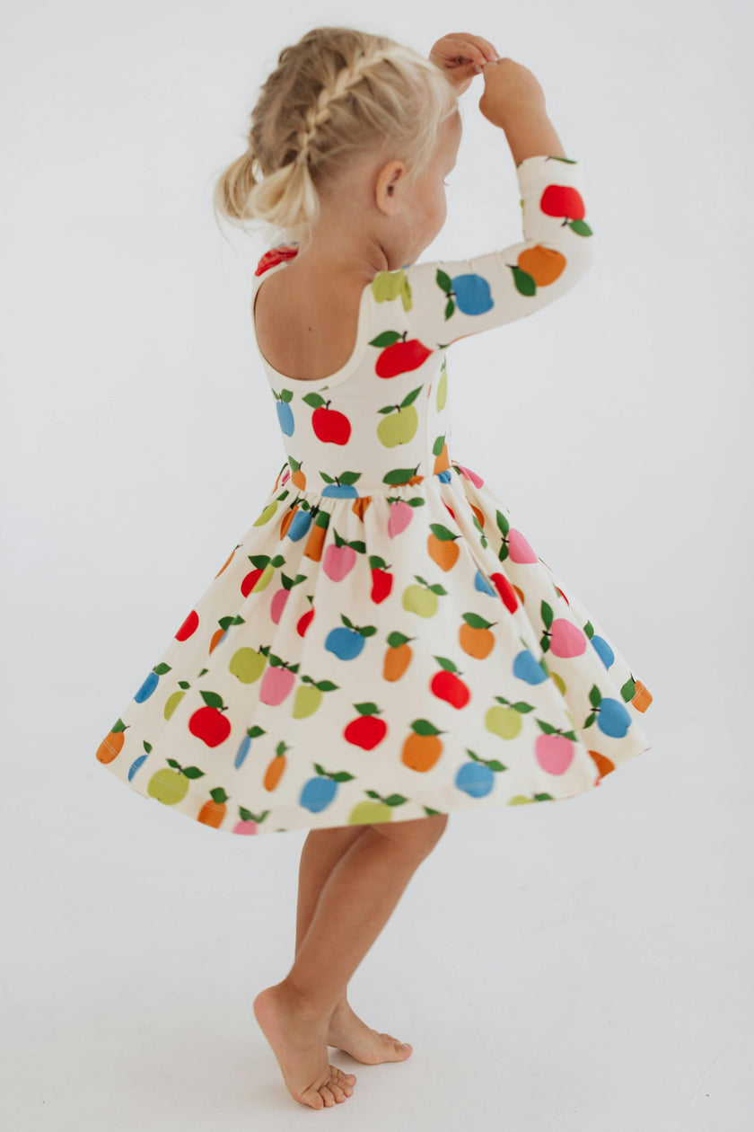 3/4 Sleeve Twirl Dress in Colorful Apples