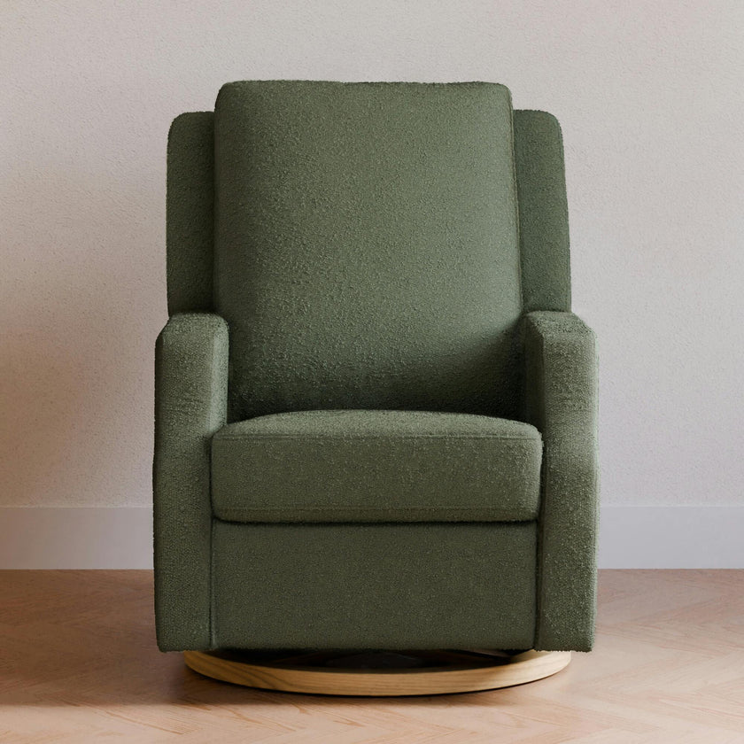 Crewe Electronic Recliner and Swivel Glider in Olive Boucle with Light Wood Base