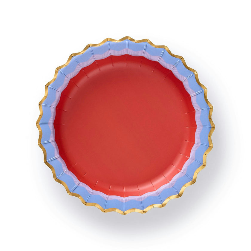Packed Party Rainbow Ric Rac 10ct Paper Dessert Plates | Gold Foil Scalloped 5-Color Mix Party Plates | 8 Inch Birthday Plates