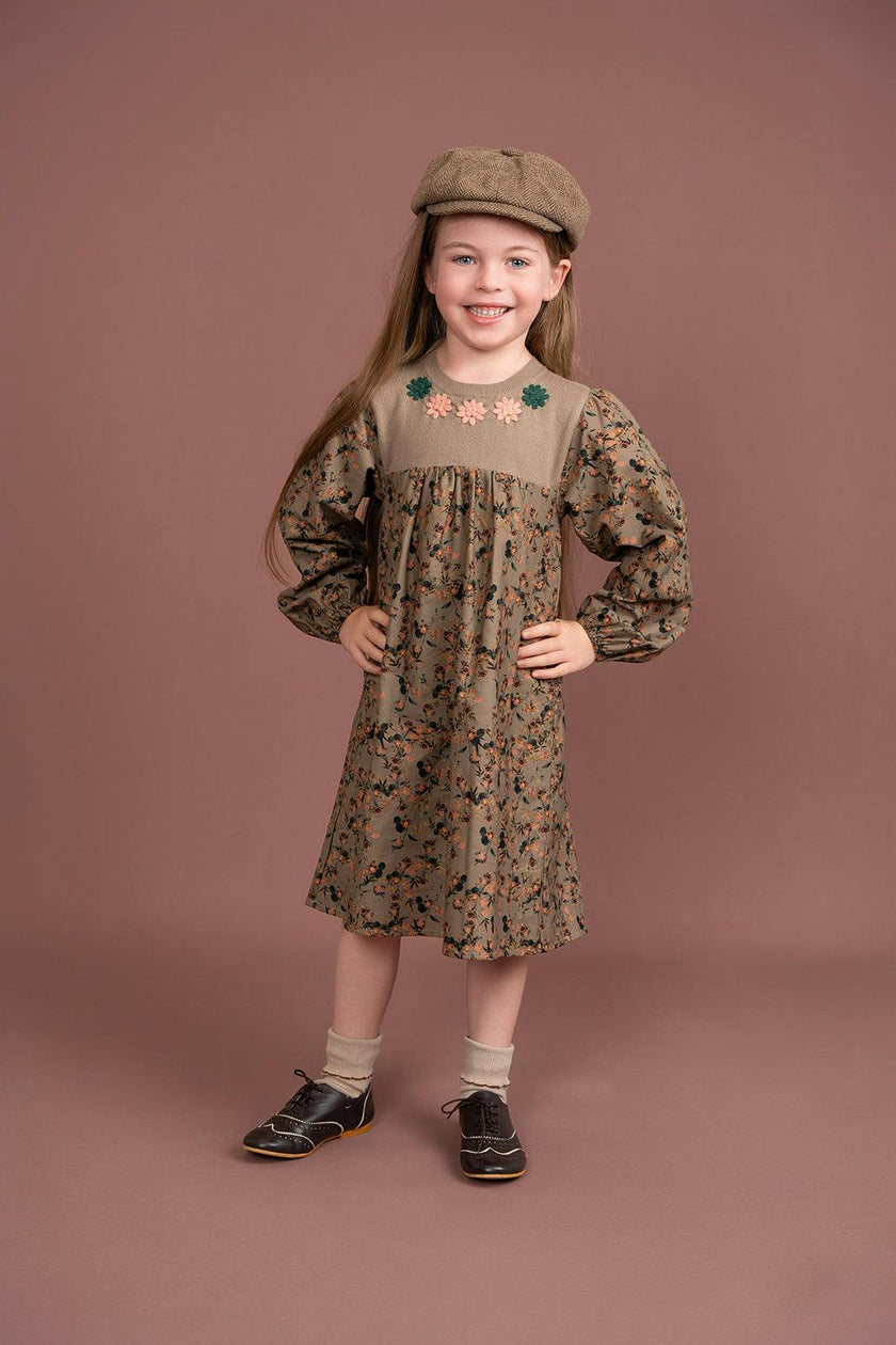 Flower Print Embroidered Long Sleeve Dress
