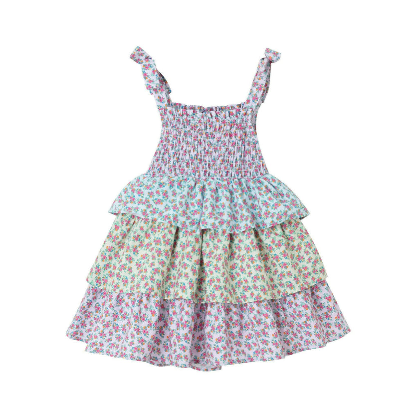 Kids Color Blocked Floral Tiered Dress