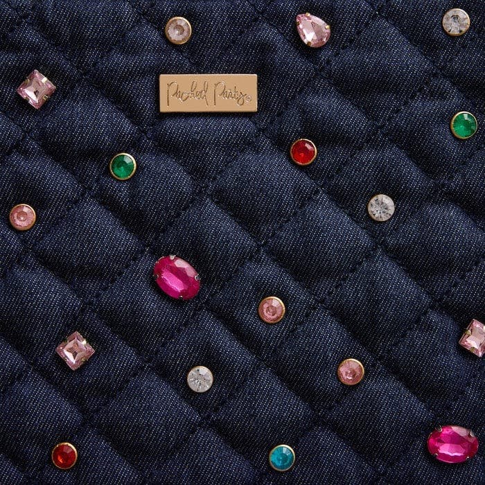 Packed Party Denim and Gems Bejeweled Everything Pouch - Quilted Denim with Multicolor Gemstones and Gold Zipper Pull, Spot Clean, 8.75x7.65 Inch