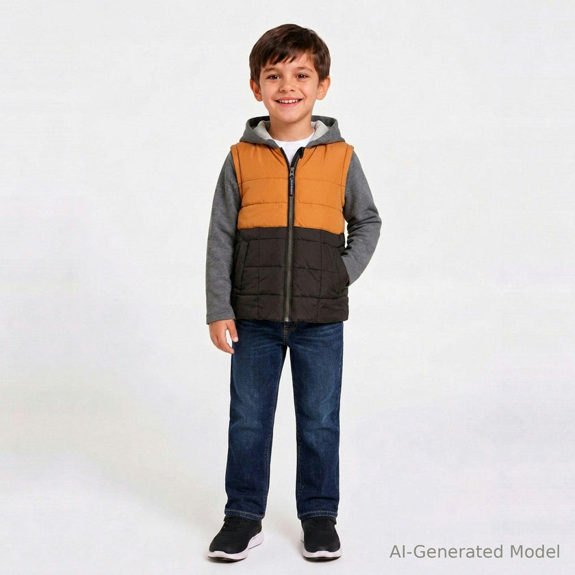 Hooded Puffer Vest Jacket | Black & Cognac