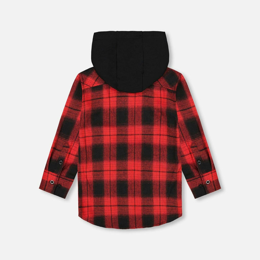 Plaid Flannel Shirt with Hoodie Red and Black