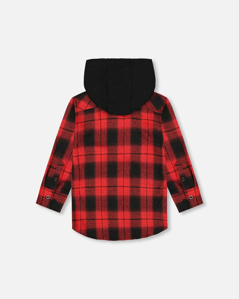 Plaid Flannel Shirt with Hoodie Red and Black