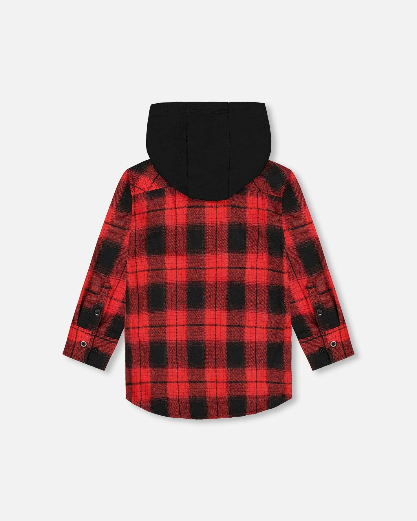 Plaid Flannel Shirt with Hoodie Red and Black