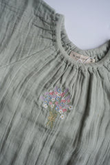 Liva | Muslin Cotton Ruffle Embroidered Romper | Sage