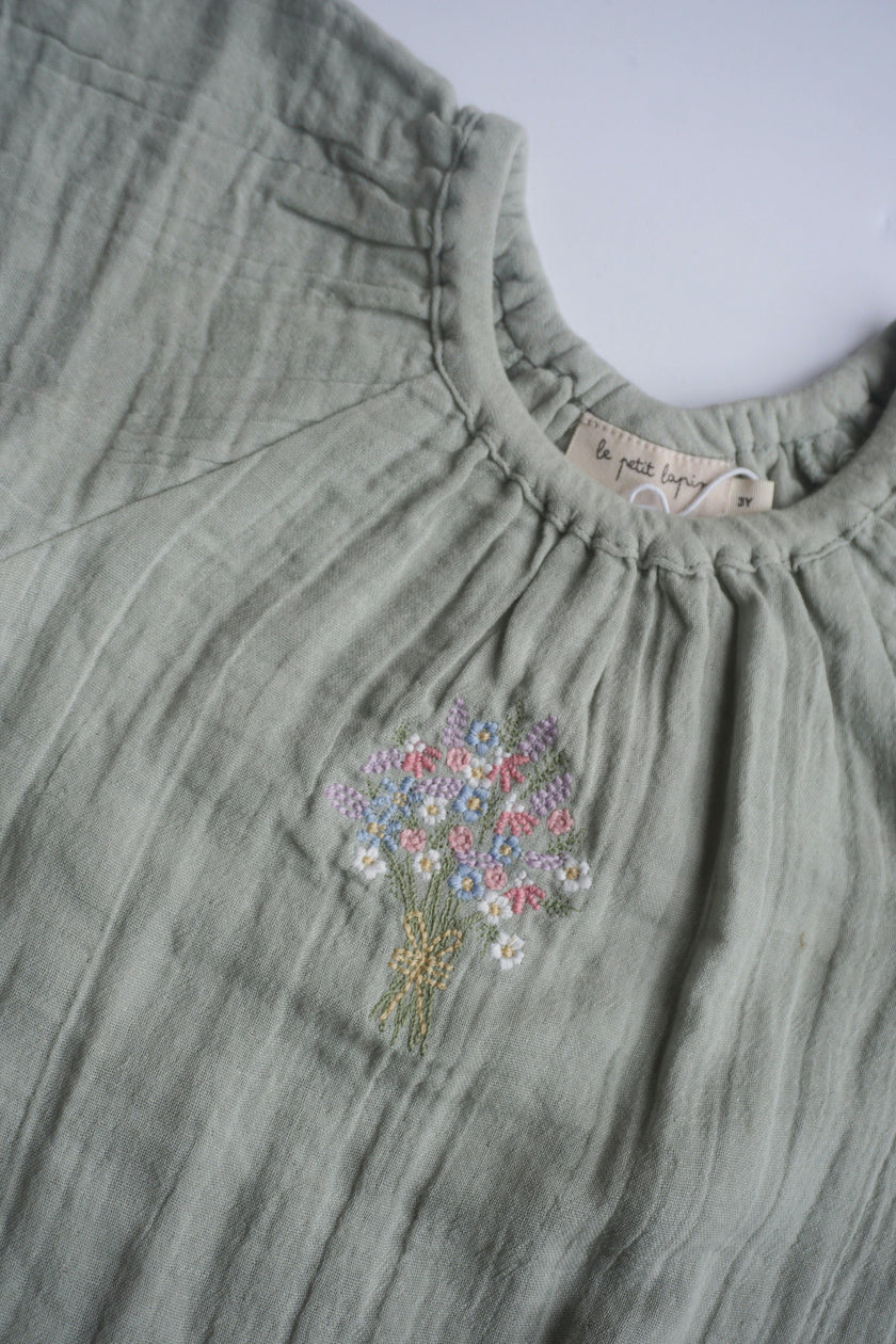 Liva | Muslin Cotton Ruffle Embroidered Romper | Sage