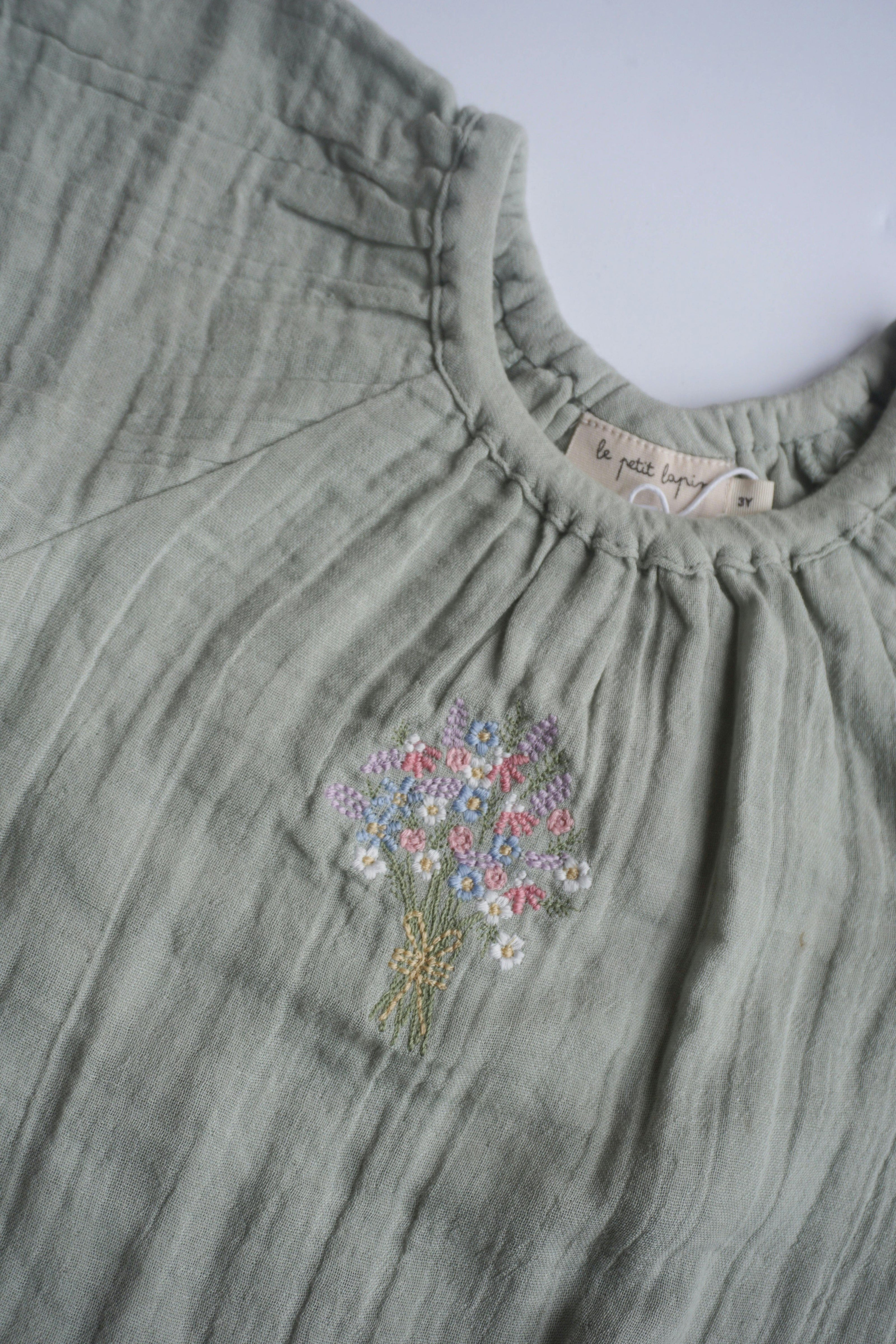 Liva | Muslin Cotton Ruffle Embroidered Romper | Sage