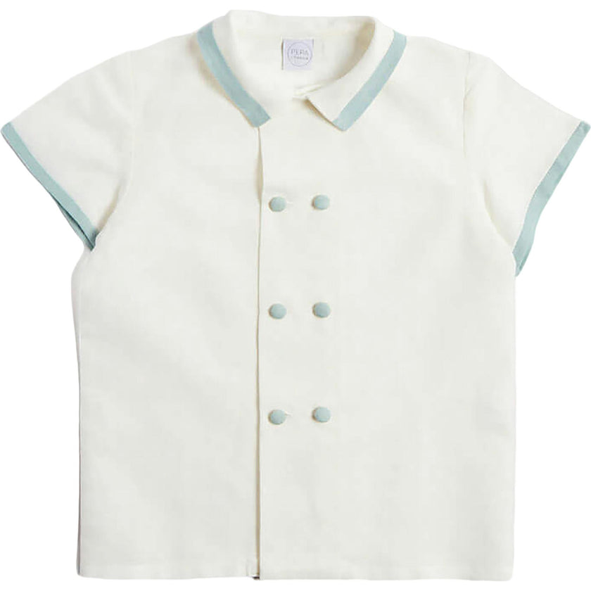 Linen Boys Celebration Shirt White with Teal Piping (3-10yrs)