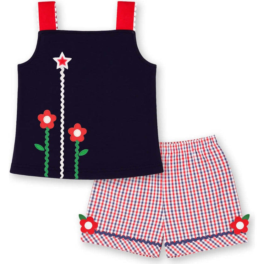 Plaid Seersucker Shorts With Ric Rac & Flowers