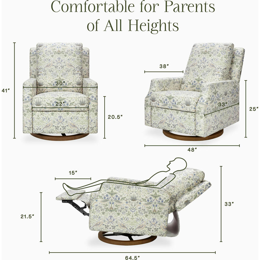 Morris & Co. x Namesake Crewe Recliner and Swivel Glider in Strawberry Thief in Fig & Thyme Performance Eco-Weave with Dark Wood Base