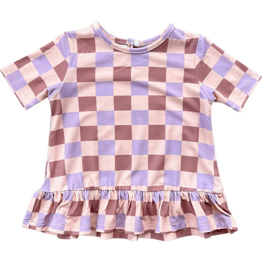 Short Sleeve Peplum Top Checker in Burlwood