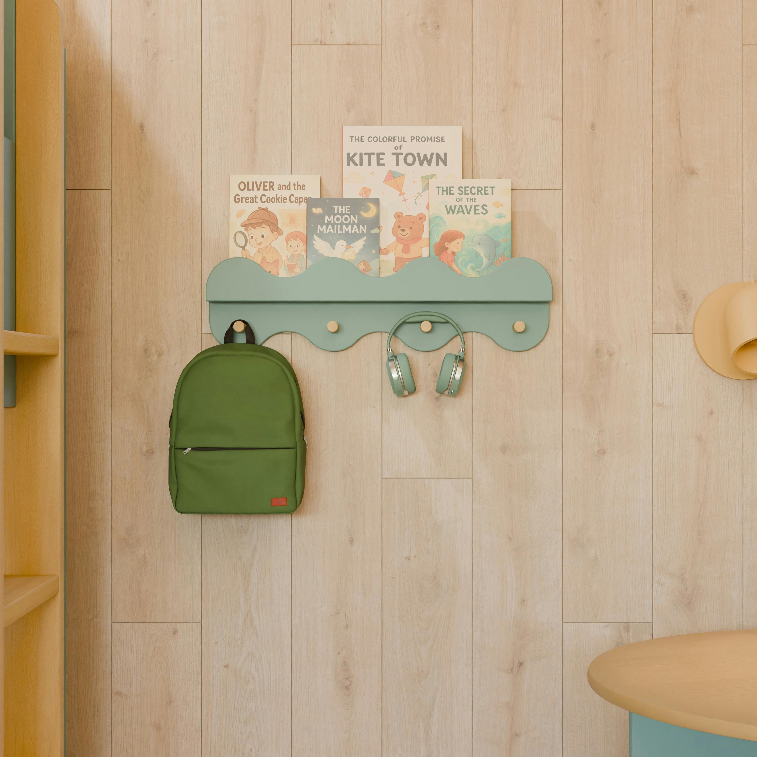 Lido Wave Bookshelf with Hooks in Light Sage/Honey