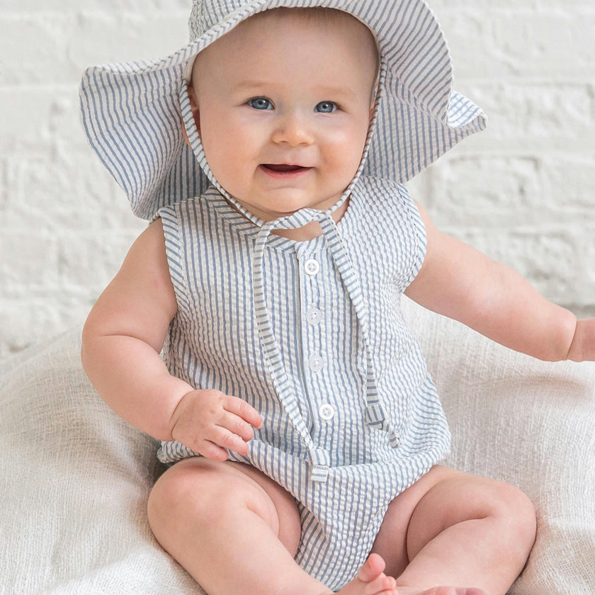 Wren Seersucker Bubble Romper - Shore Stripe / Sea