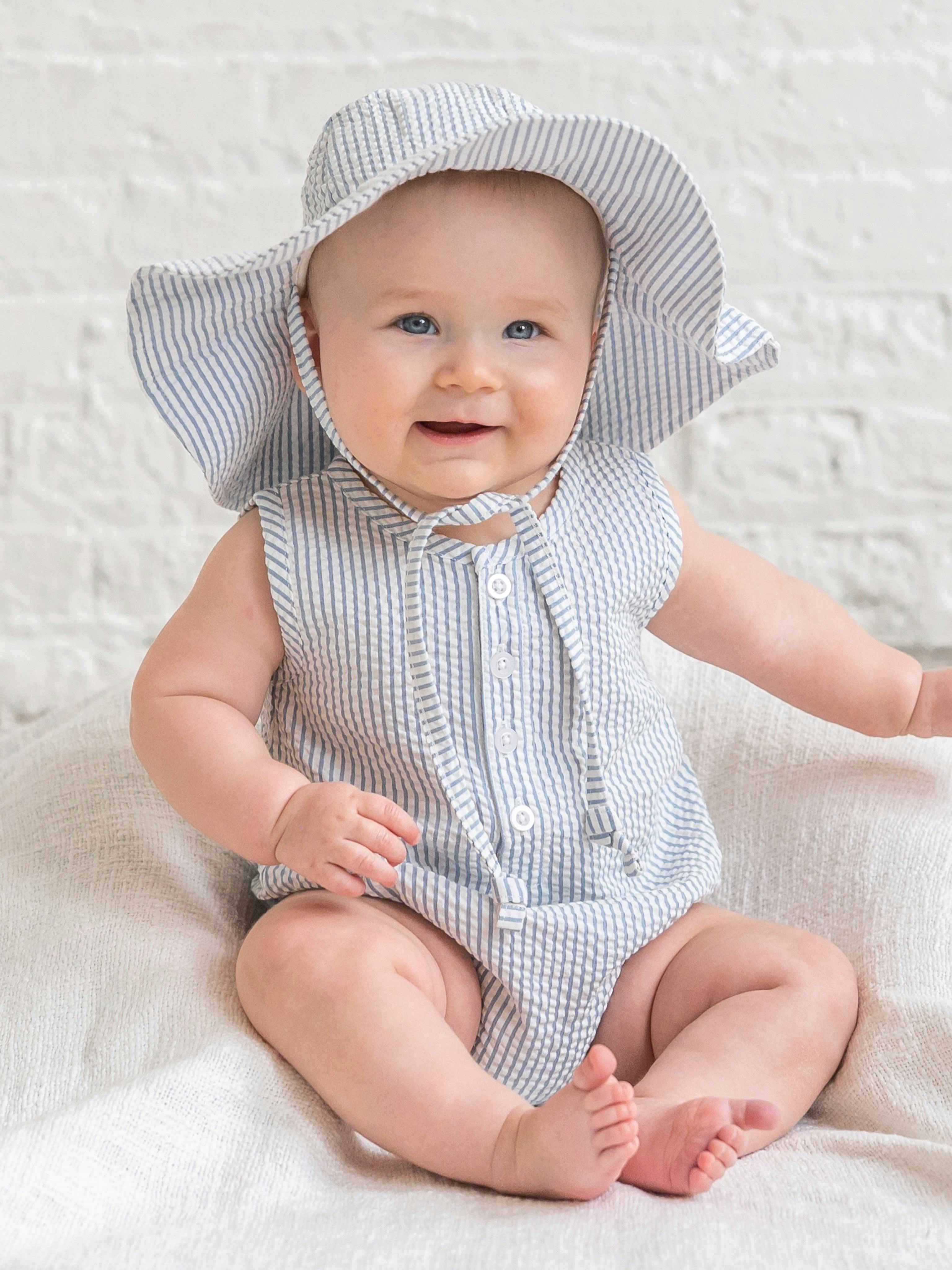 Wren Seersucker Bubble Romper - Shore Stripe / Sea
